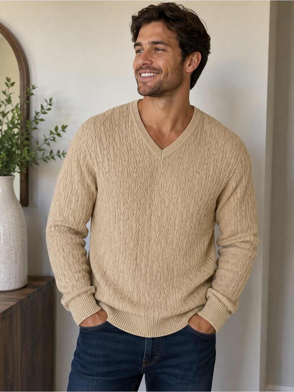 Talbots Men's Vintage Beige Cable Knit V-Neck Pullover Sweater XL